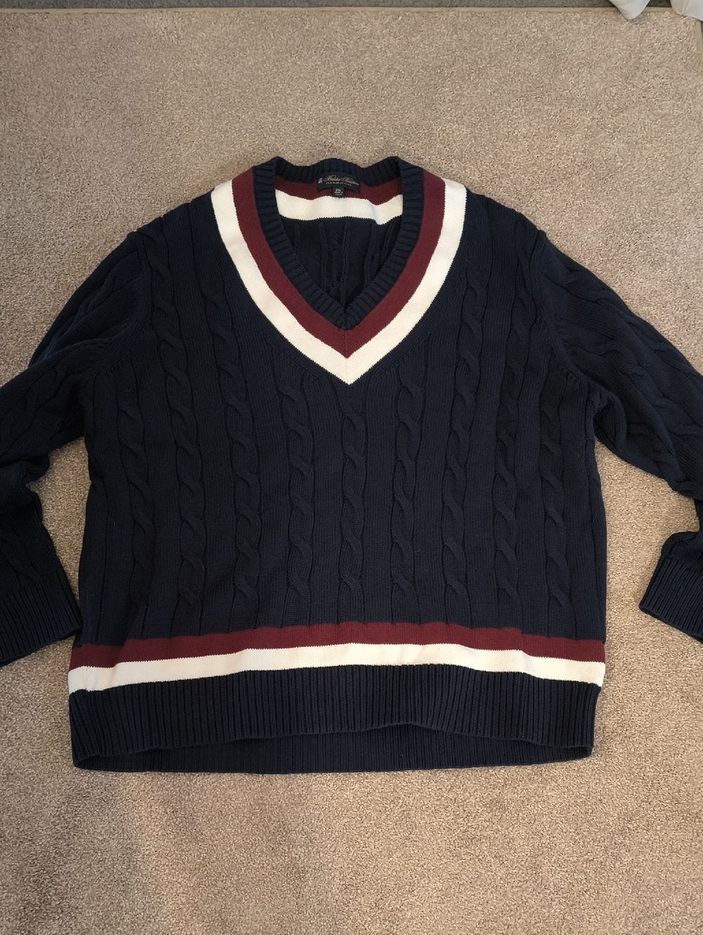 Brooks Brothers Men's Navy Cable-Knit V-Neck Sweater with Burgundy & White Trim